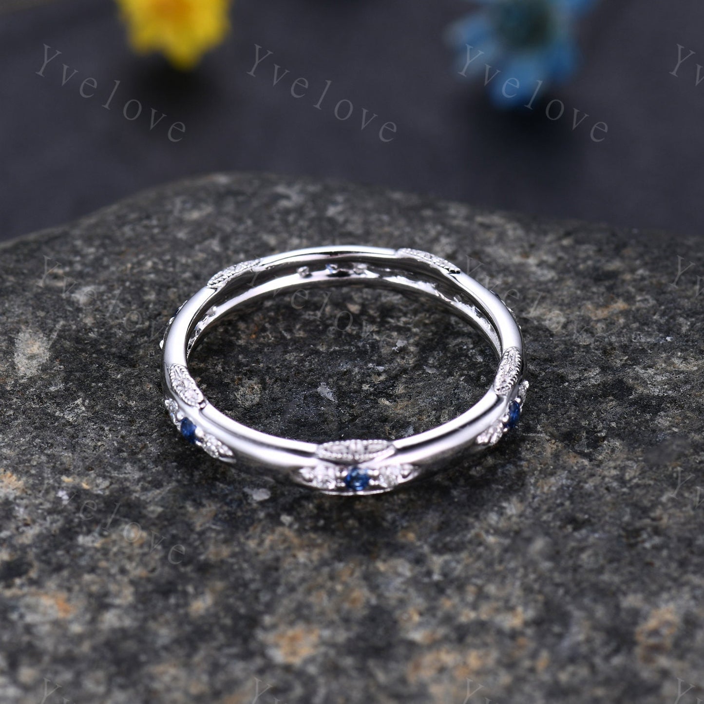 Antique Sapphire Wedding Band Eternity Blue Sapphire ring Sterling Silver September Birthstone Promise Anniversary Gift for Her Handmade