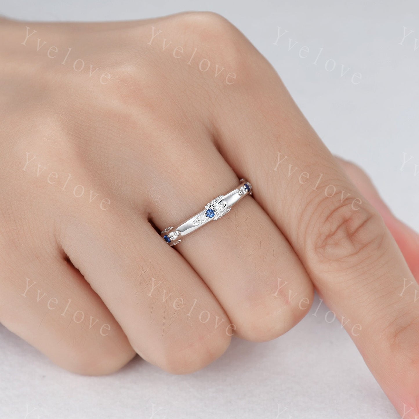 Antique Sapphire Wedding Band Eternity Blue Sapphire ring Sterling Silver September Birthstone Promise Anniversary Gift for Her Handmade