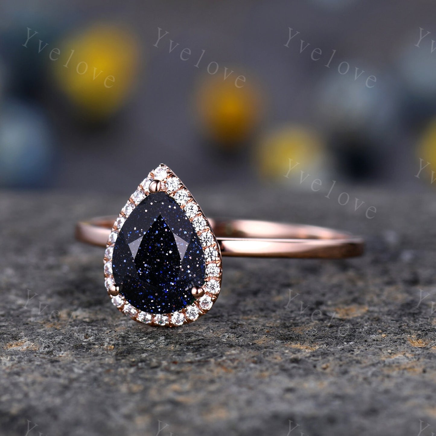 Vintage Blue sandstone engagement ring,Teardrop Diamond Solitaire Ring,14k rose gold,diamond matching band,Plain Band,Christmas Gift,Custom