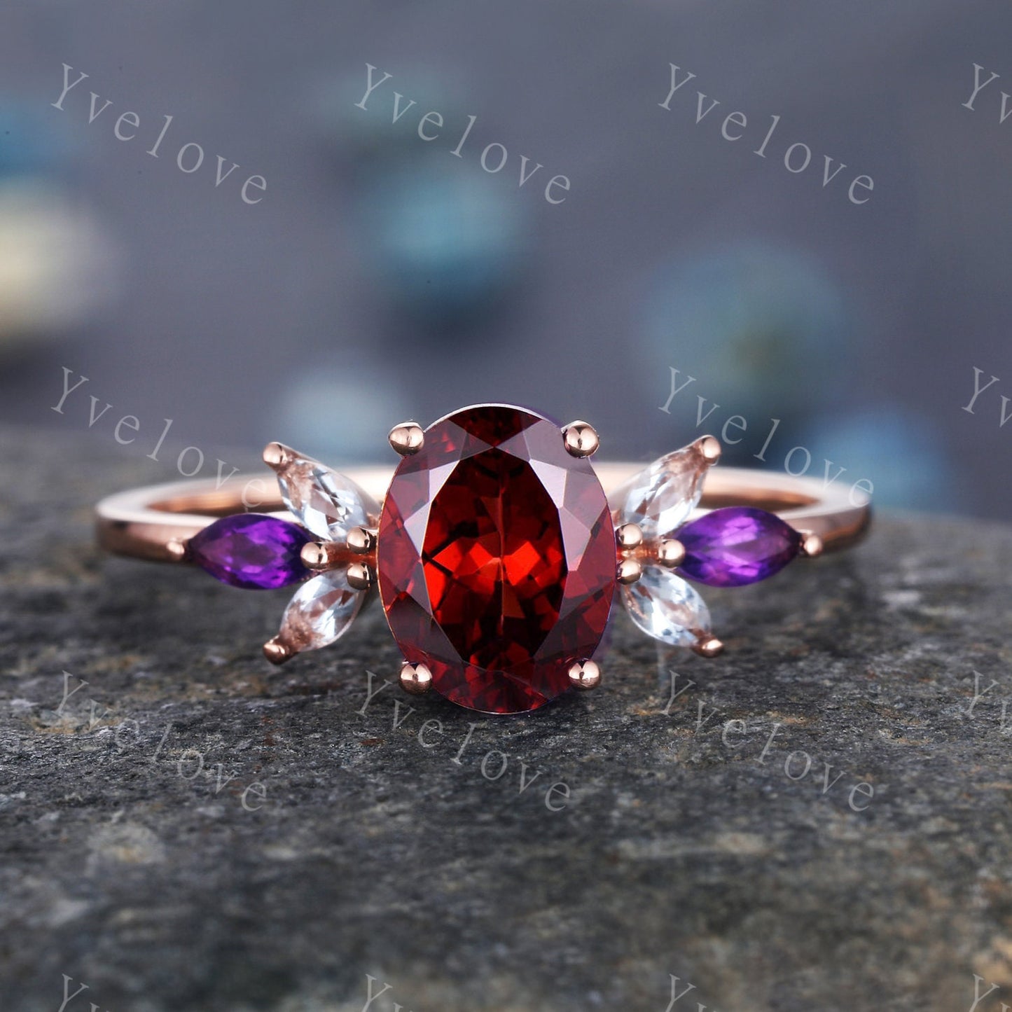Garnet engagement ring set rose gold plated art deco ring CZ/moissanite stackig matching band women promise ring bridal set Christmas gift
