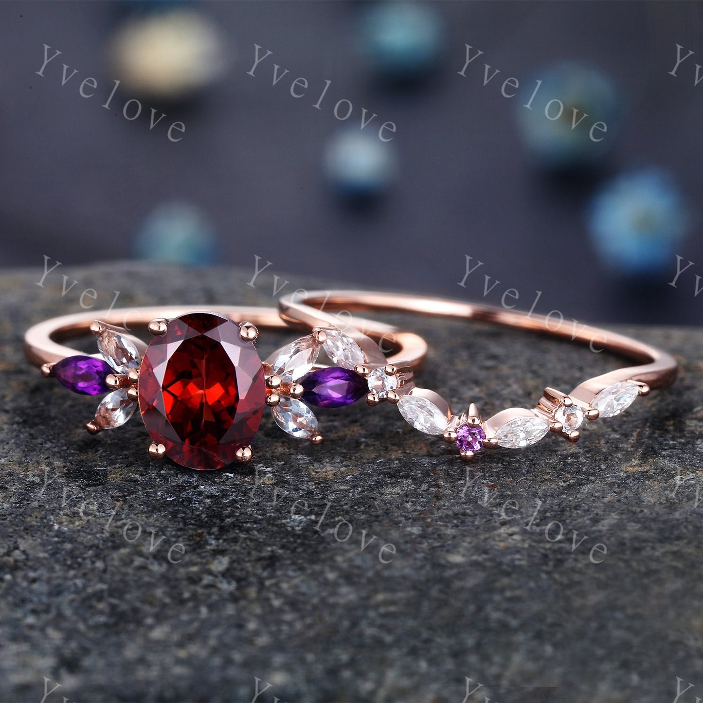 Garnet engagement ring set rose gold plated art deco ring CZ/moissanite stackig matching band women promise ring bridal set Christmas gift