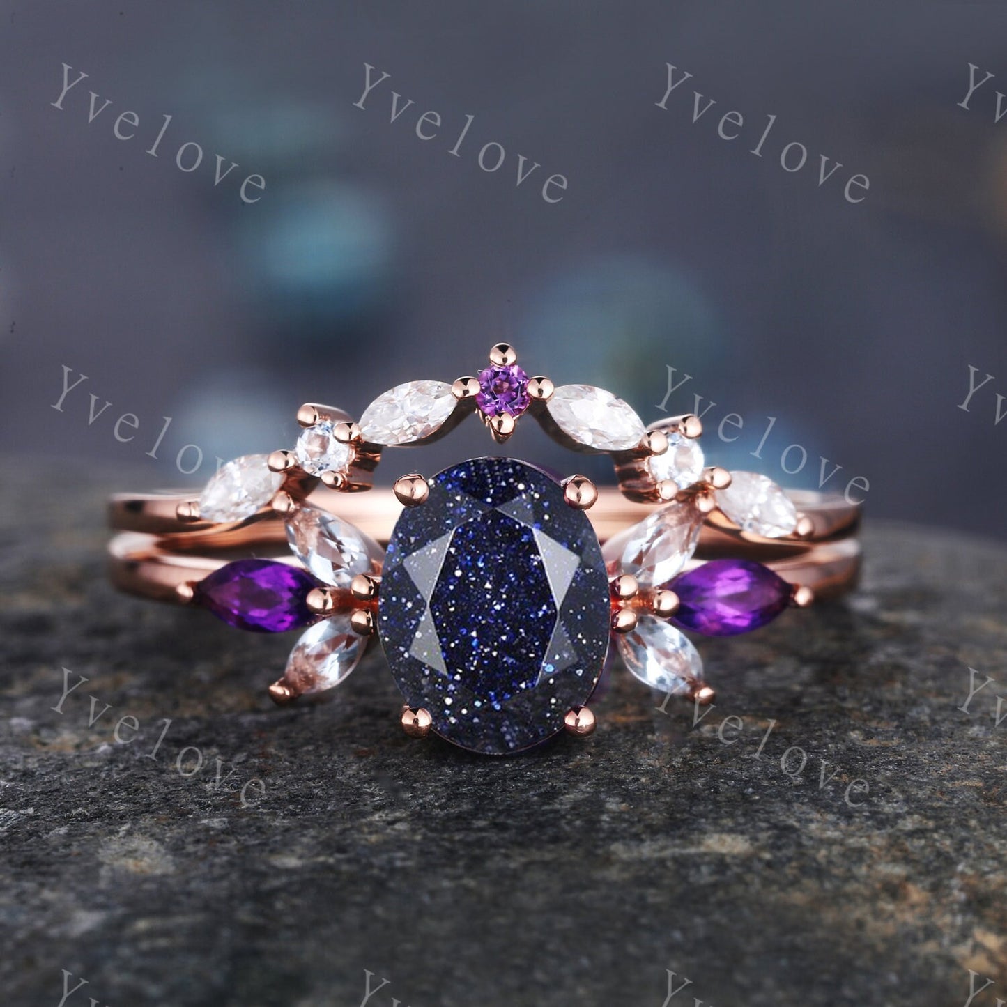 Garnet engagement ring set rose gold plated art deco ring CZ/moissanite stackig matching band women promise ring bridal set Christmas gift