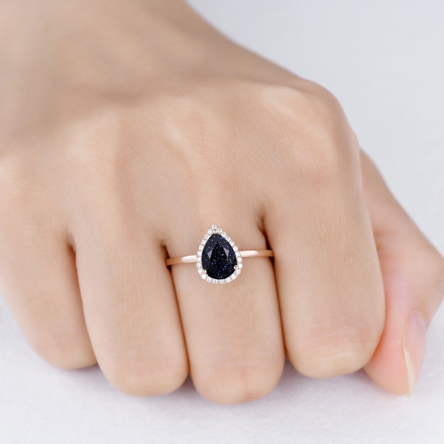 Vintage Blue sandstone engagement ring,Teardrop Diamond Solitaire Ring,14k rose gold,diamond matching band,Plain Band,Christmas Gift,Custom