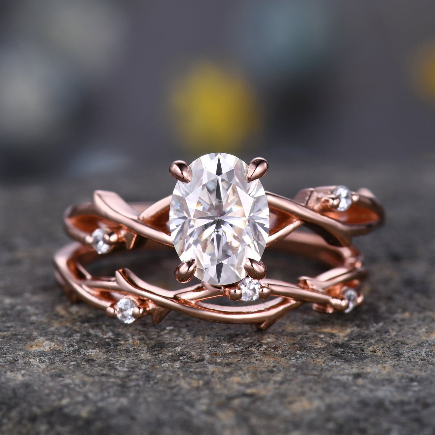 Twig Oval Moissanite Engagement Ring Set Vintage Leaf Diamond Ring,Branch Ring White Gold,Twisted Ring Promise Bridal Set,Dainty Ring Set