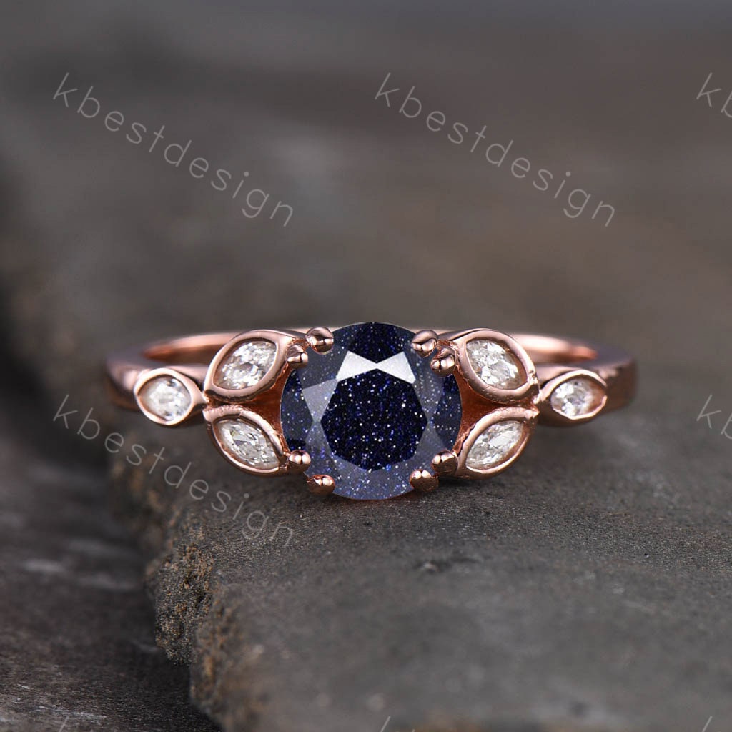 Blue Sandstone Ring 925 sterling silver ring Round cut blue sandstone engagement ring white gold unique marquise diamond band Gift for her