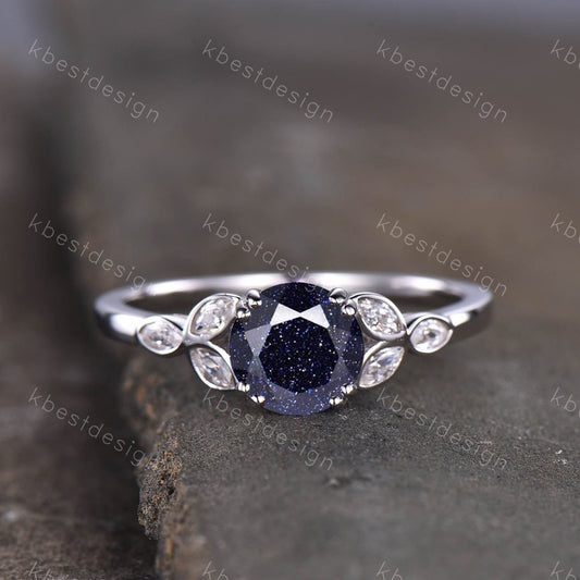 Blue Sandstone Ring 925 sterling silver ring Round cut blue sandstone engagement ring white gold unique marquise diamond band Gift for her