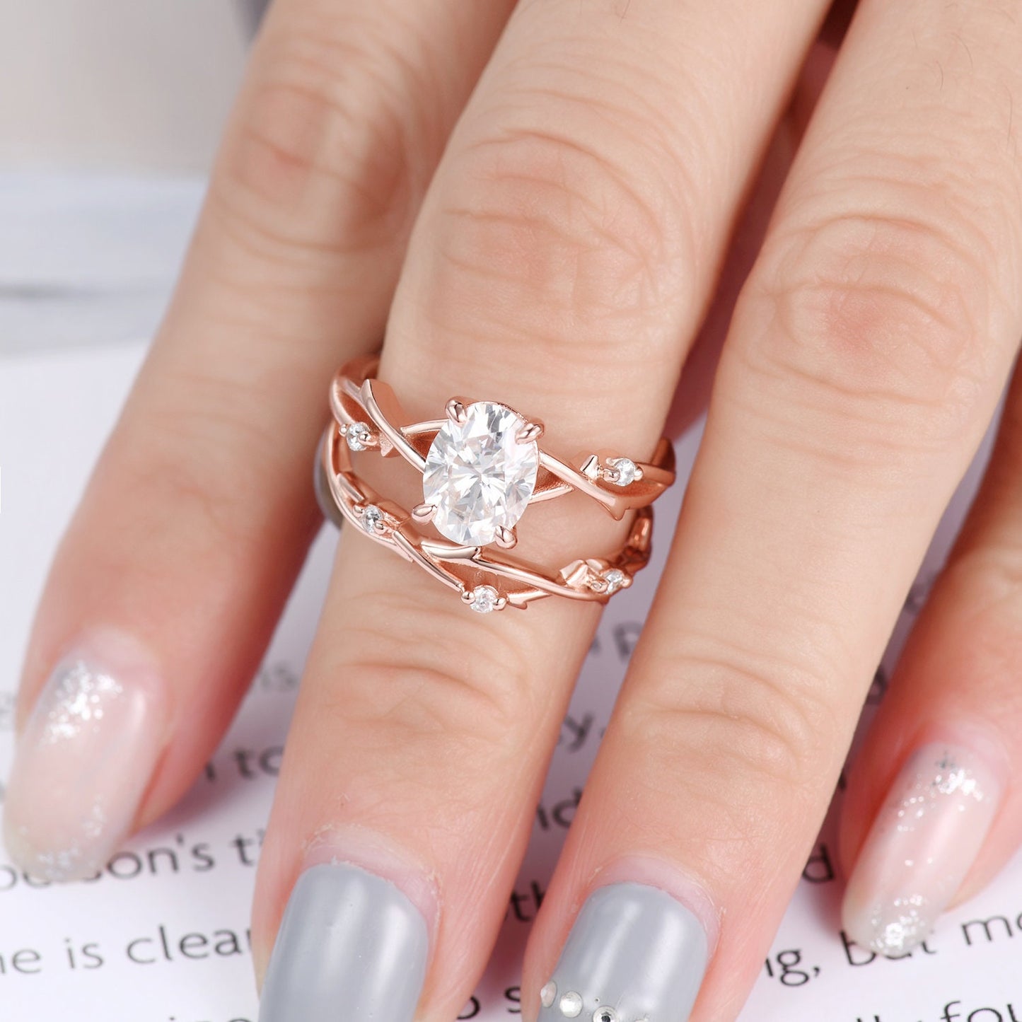 Twig Moissanite Engagement Ring Set,Oval Vintage Leaf Diamond Ring,Branch Ring Rose Gold,Twisted Ring Promise Bridal Set,Dainty Ring Set