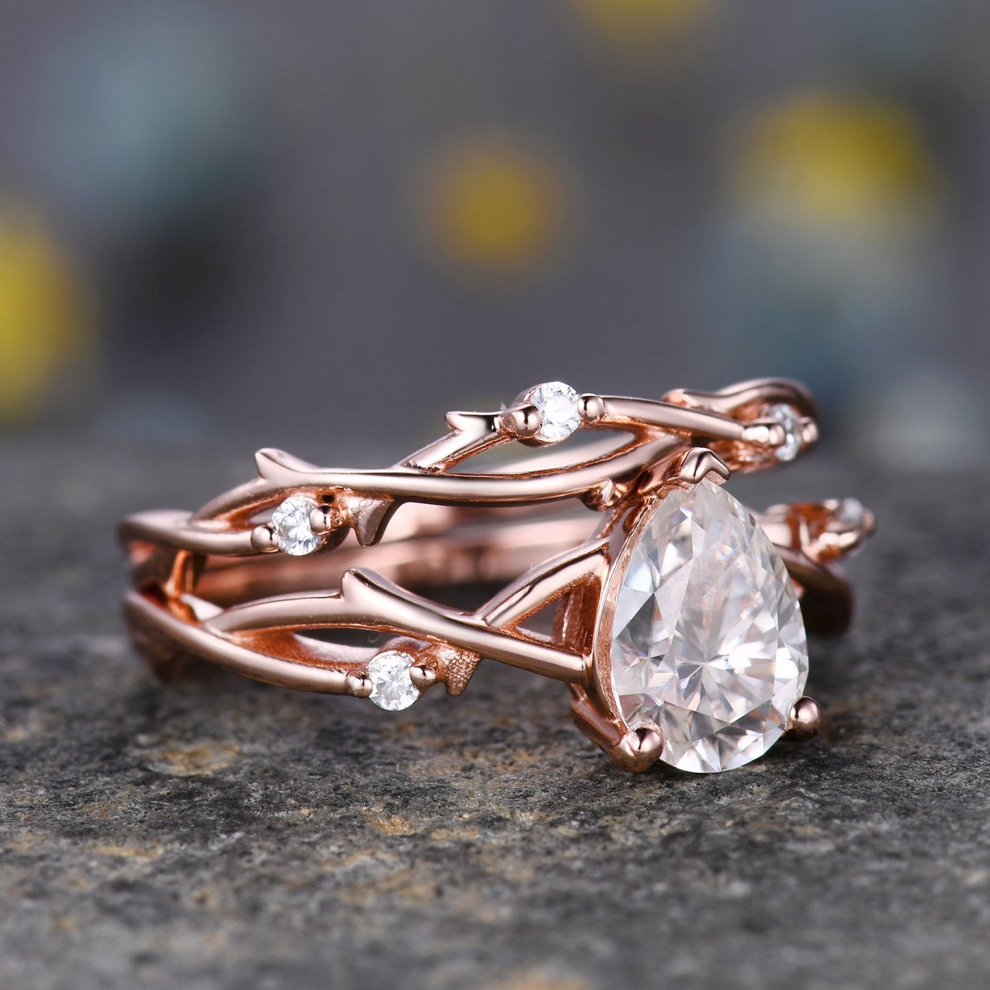 Unique Teardrop Moissanite Ring Set,Vintage Twig Diamond Engagement Ring Set,Branch Ring Set Gold,Twisted Ring Bridal Set,Dainty Ring Set