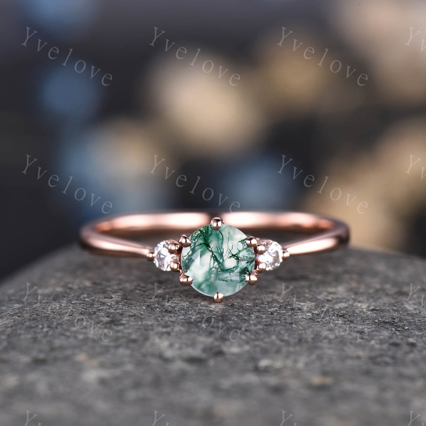 Moss agate ring set diamond engagement ring rose gold eternity opal curved stacking matching band promise jewelry Christmas gift for her Mom