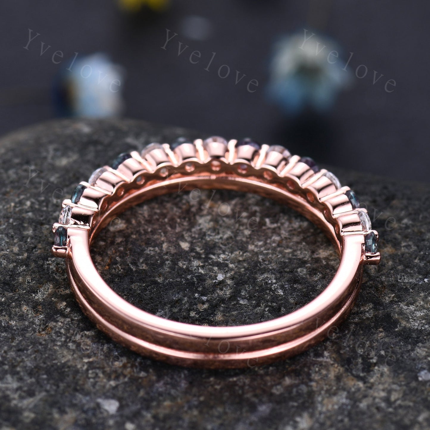 Double Row Vintage Alexandrite Moissanite Engagements Ring Half Eternity matching stacking band sterling silver bridal ring gift for women