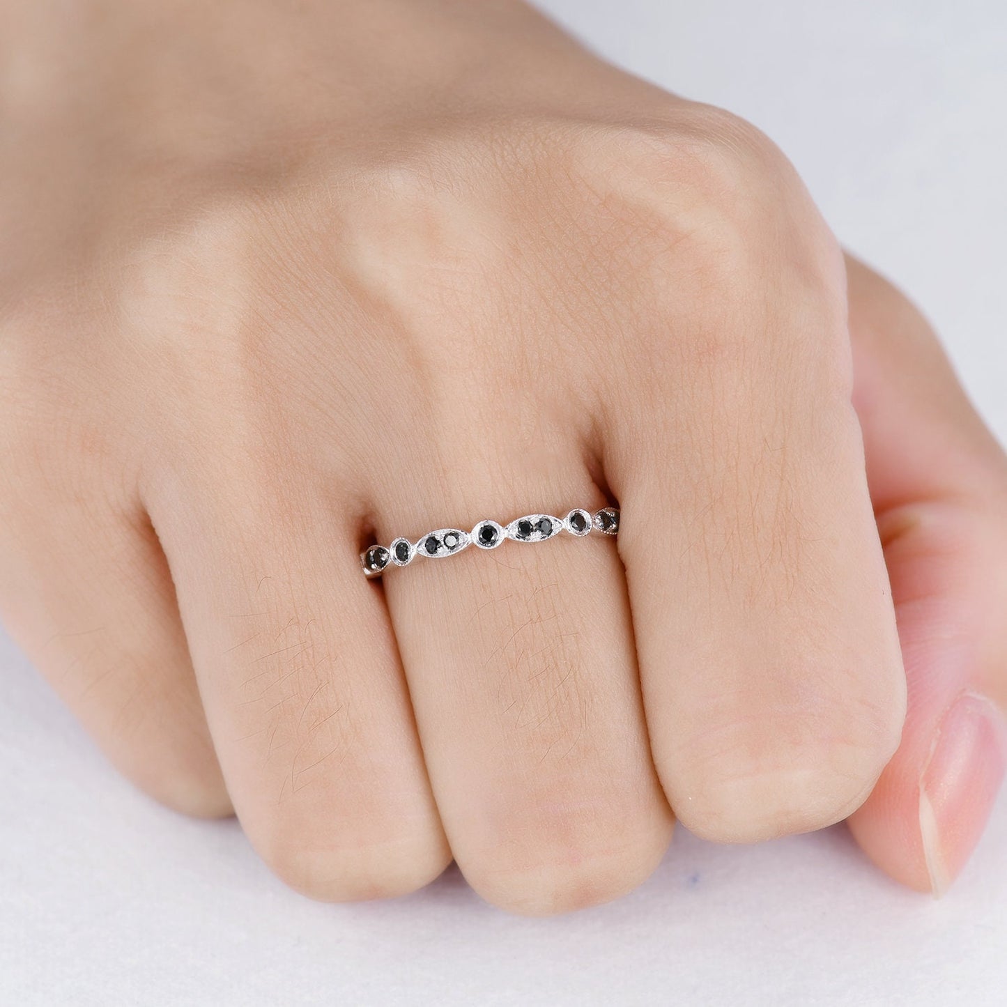 Black diamond wedding band 14k white gold natural diamond wedding ring art deco half eternity ring stacking matching band promise ring gift