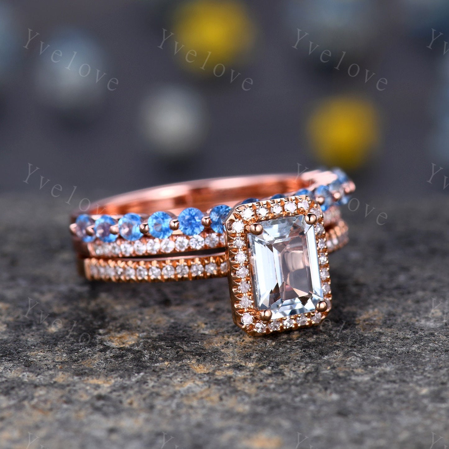 Geniune Swiss Blue Topaz Engagemnt Ring ,Topaz Wedding Band, Blue Gemstone Ring,Half Eternity Wedding Ring, December Birthstone, Gold Band