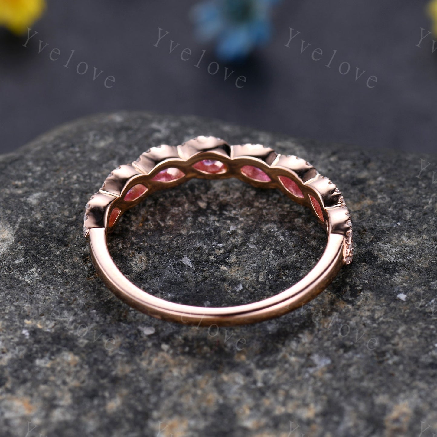 Pink sapphire wedding ring,vintage moissanite engagement band,unique wedding band, stacking band rose gold band,birthstone rings,customized