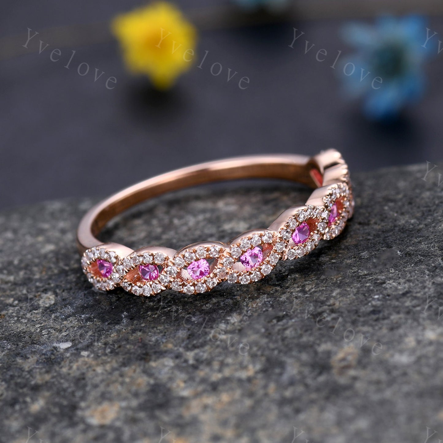 Pink sapphire wedding ring,vintage moissanite engagement band,unique wedding band, stacking band rose gold band,birthstone rings,customized