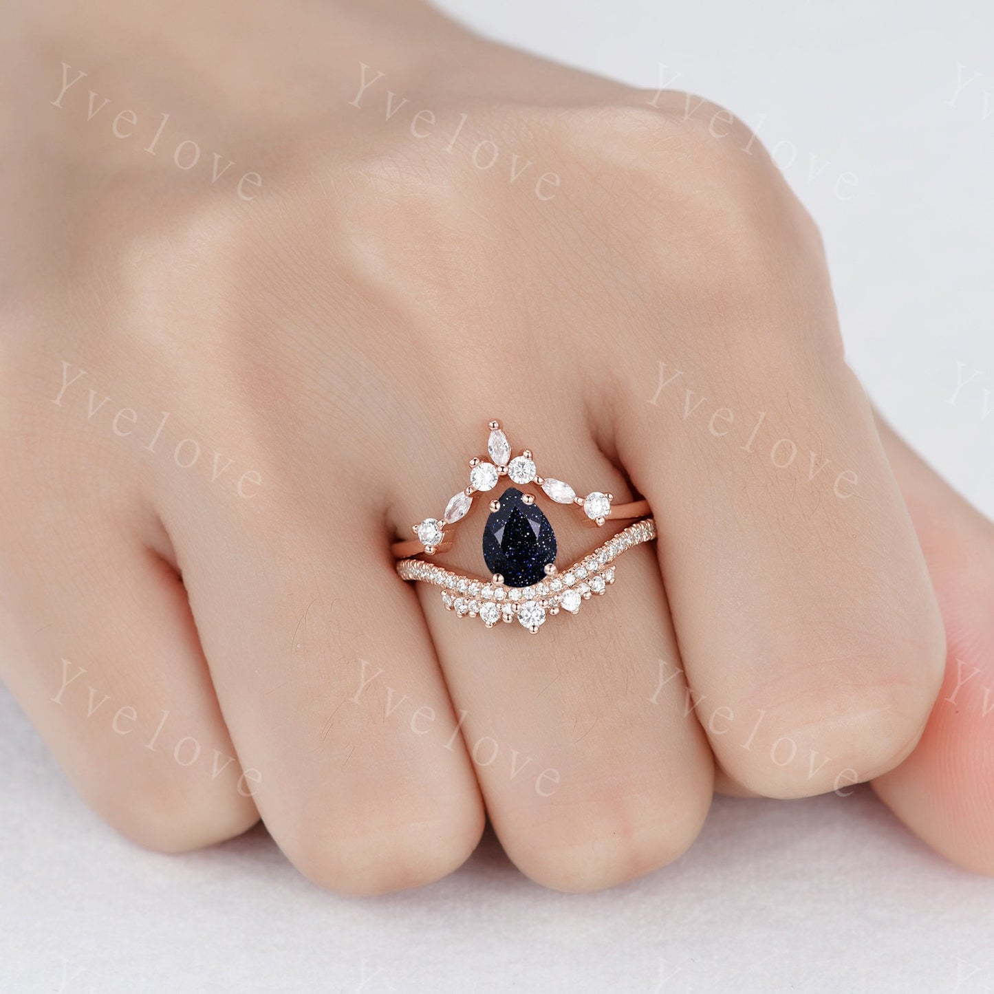 Pear Blue Sandstone Engagement Ring Set Elegant Wedding Ring Marquise stack wedding band Unique Vintage Bridal Set Anniversary Gift Silver