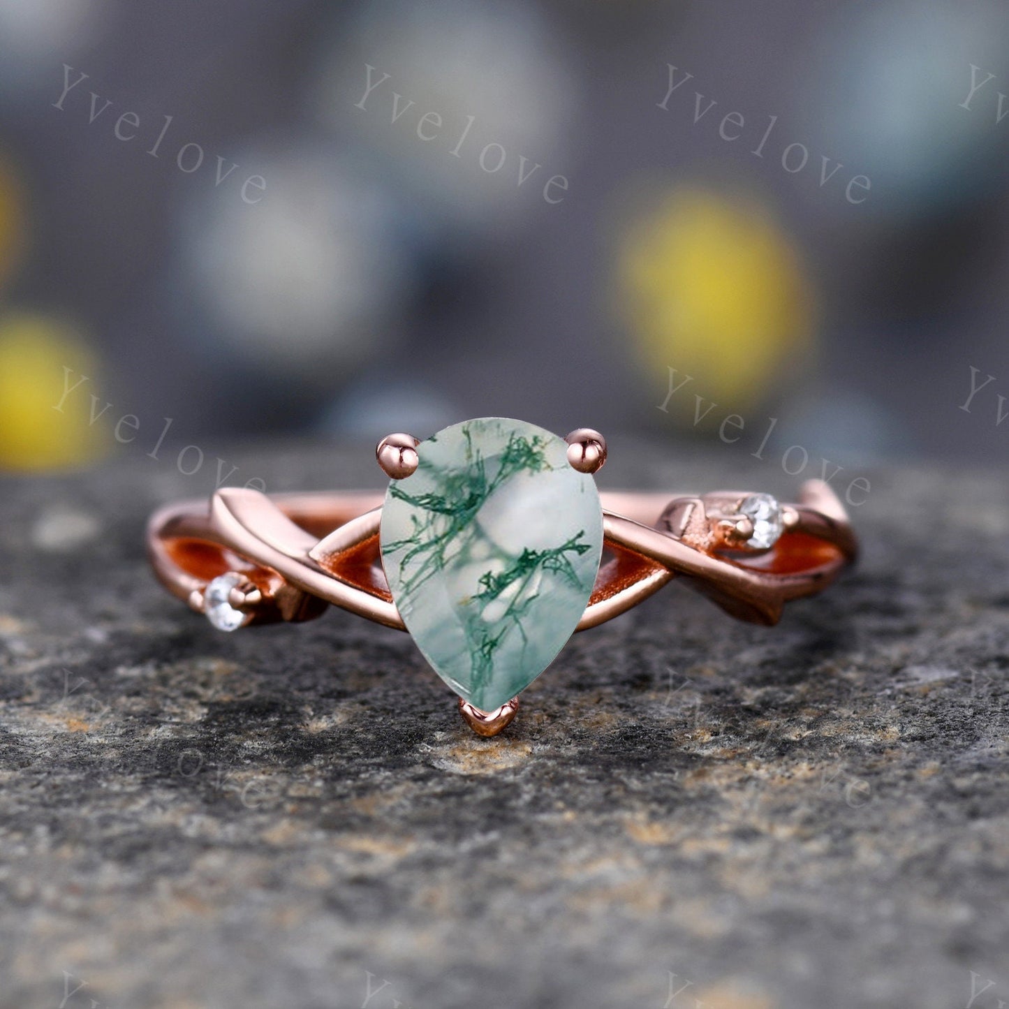Danity Twig Moss agate Engagement Ring,Unique Pear Shaped Diamond Ring,Branch Vine Ring,Rose Gold Ring,Twisted Ring,Bridal Anniverary Ring