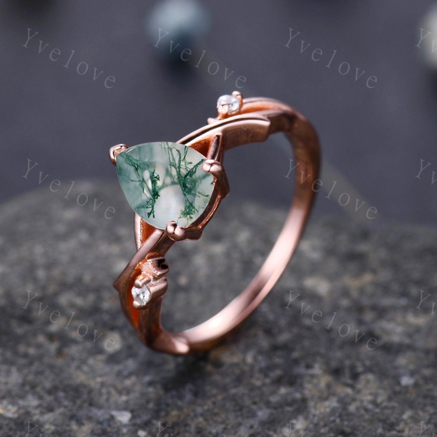 Danity Twig Moss agate Engagement Ring,Unique Pear Shaped Diamond Ring,Branch Vine Ring,Rose Gold Ring,Twisted Ring,Bridal Anniverary Ring