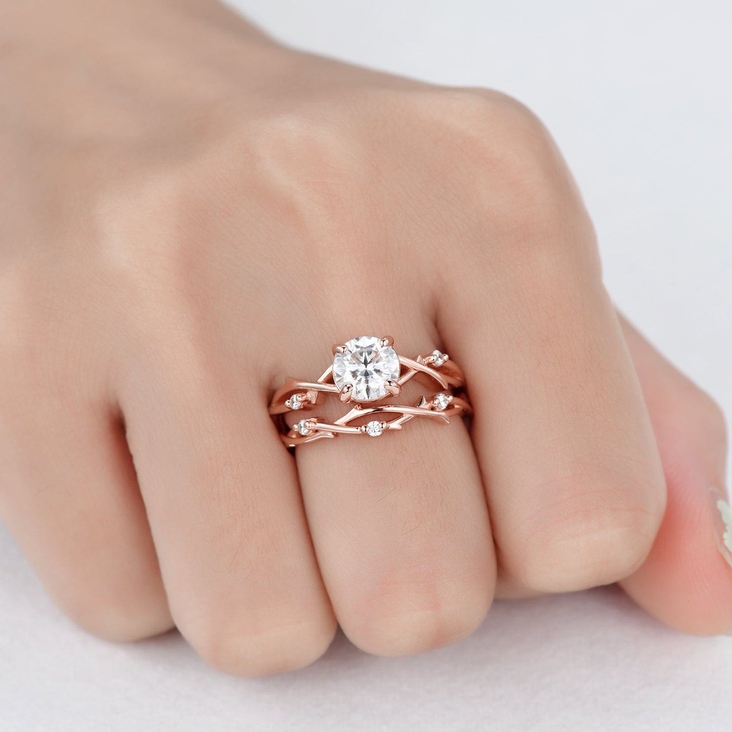 1.2ct Vintage Moissanite Engagement Ring,Twisted Ring,Leaf and Vines Moissanite Bridal Set,Branch Ring,Danity Twig Diamond Ring,Rose gold