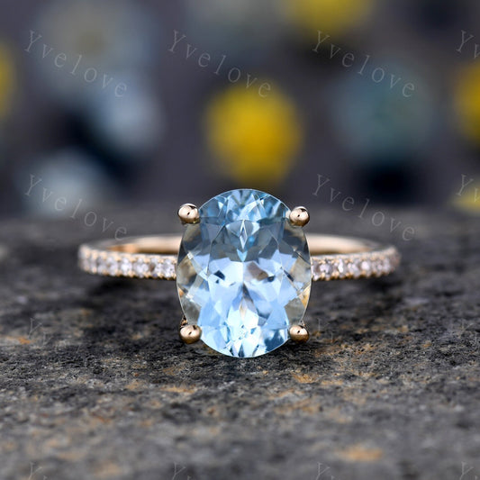 Aquamarine ring natural aquamarine engagement ring 8x10mm oval cut gemstone diamond band delicate jewelry custom ring 14k yellow gold ring
