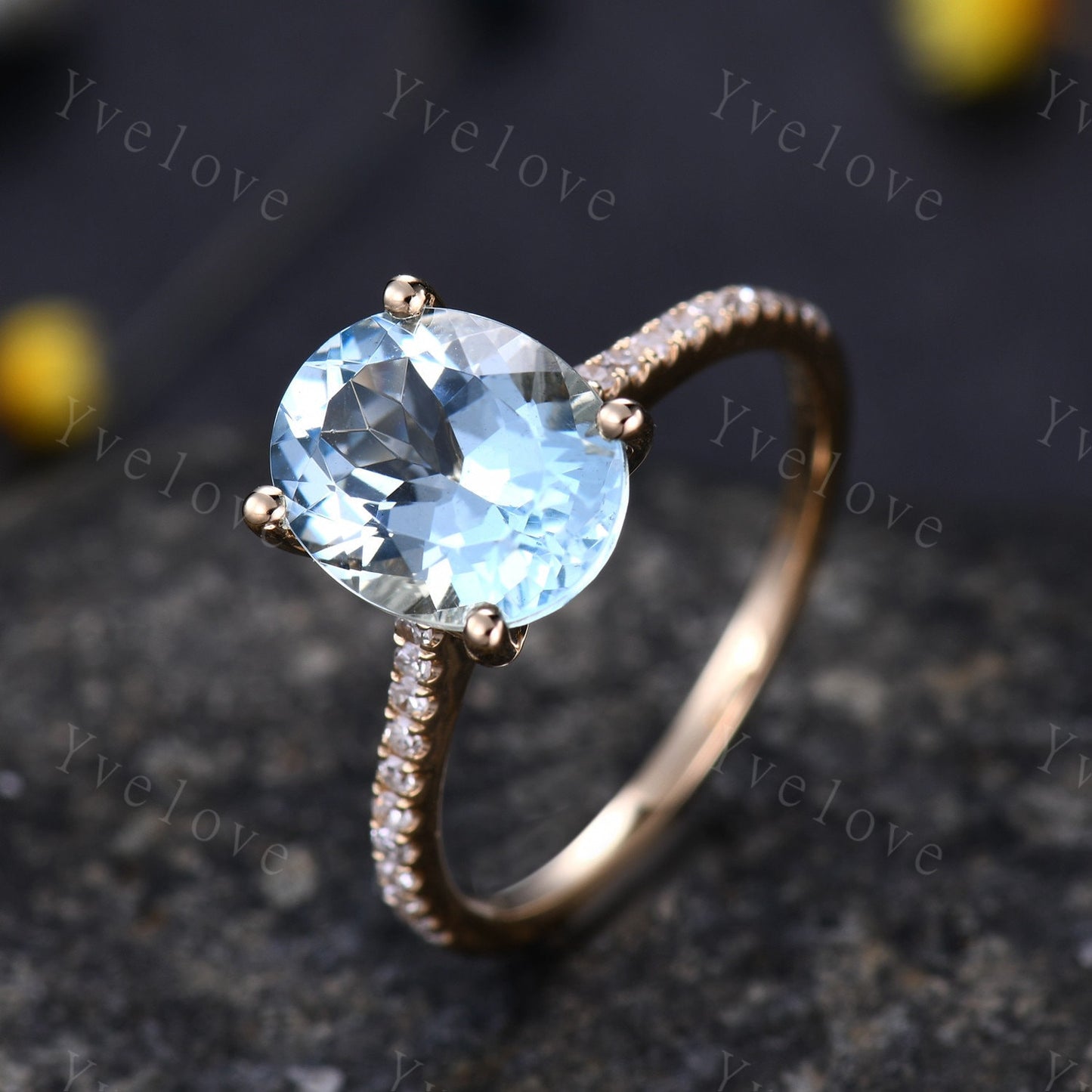 Aquamarine ring natural aquamarine engagement ring 8x10mm oval cut gemstone diamond band delicate jewelry custom ring 14k yellow gold ring
