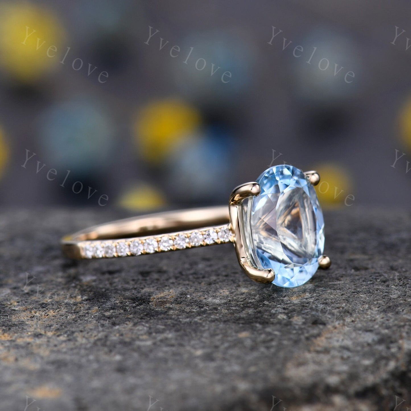 Aquamarine ring natural aquamarine engagement ring 8x10mm oval cut gemstone diamond band delicate jewelry custom ring 14k yellow gold ring