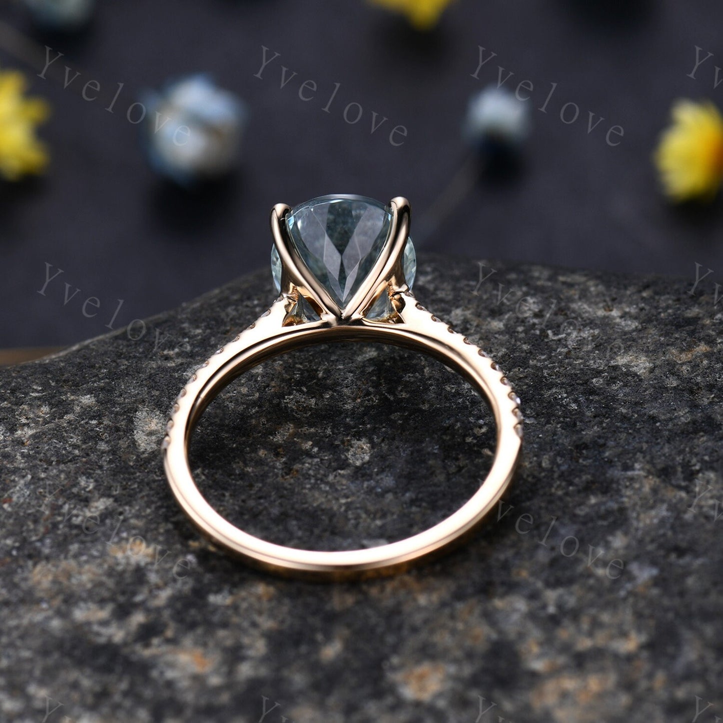 Aquamarine ring natural aquamarine engagement ring 8x10mm oval cut gemstone diamond band delicate jewelry custom ring 14k yellow gold ring
