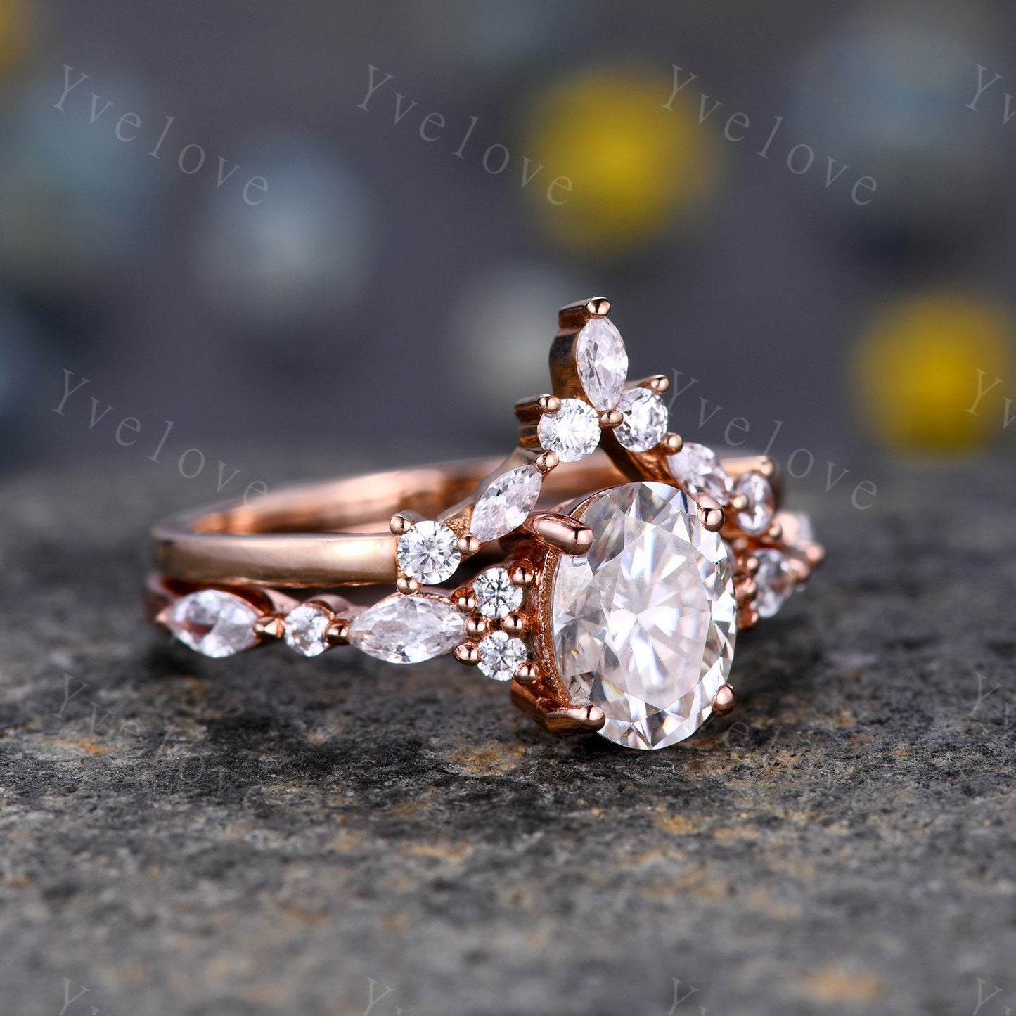 1.5ct Oval Moissanite Engagement Ring Set Moissanite Bridal Set Unique Marquise Moissanite Chevron Band Rose Gold Cluster Wedding Women Ring