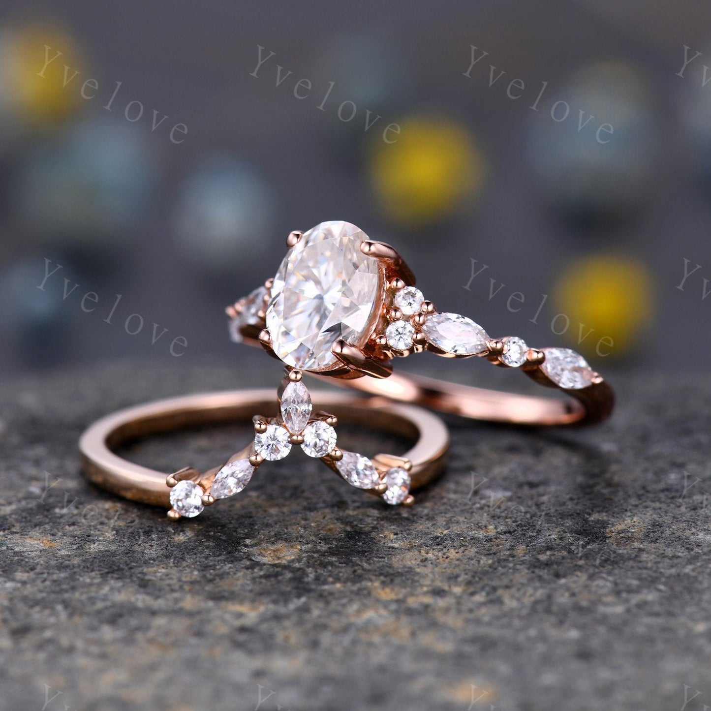 1.5ct Oval Moissanite Engagement Ring Set Moissanite Bridal Set Unique Marquise Moissanite Chevron Band Rose Gold Cluster Wedding Women Ring