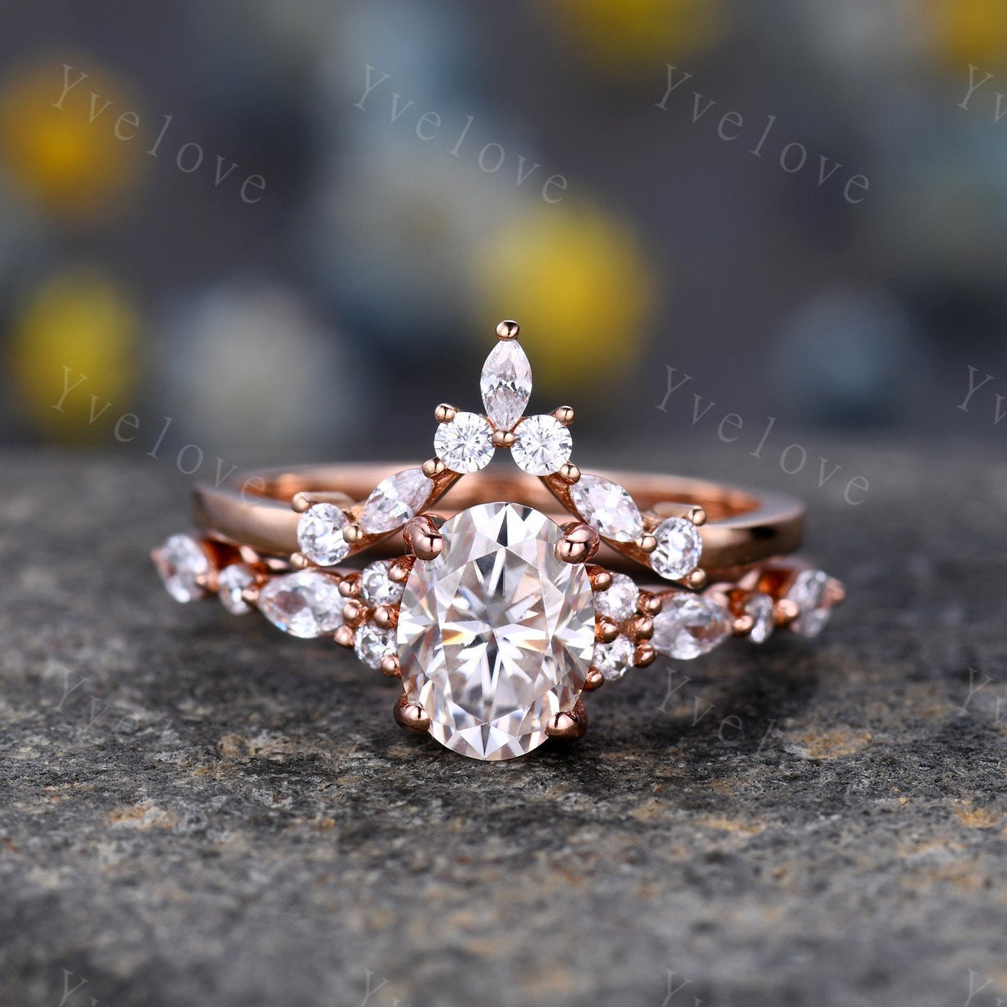 1.5ct Oval Moissanite Engagement Ring Set Moissanite Bridal Set Unique Marquise Moissanite Chevron Band Rose Gold Cluster Wedding Women Ring