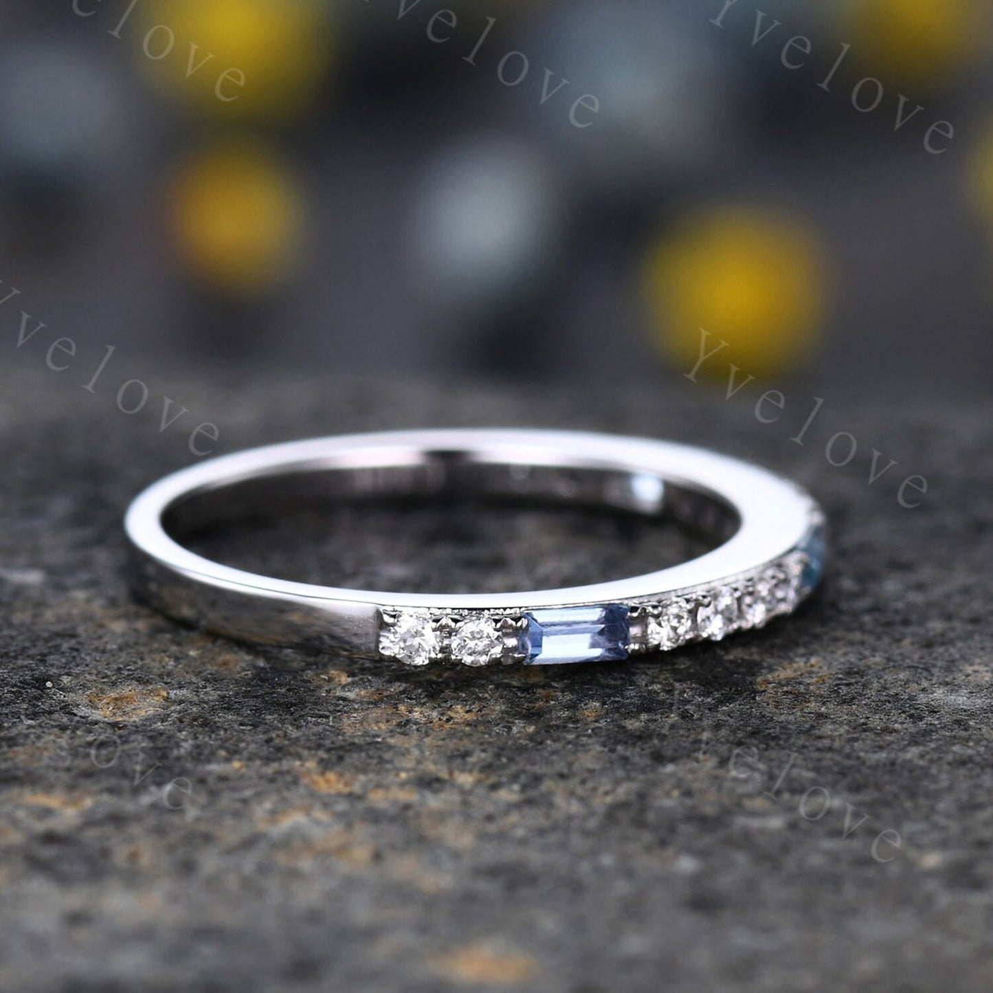 Blue Topaz Wedding Band 14K White Gold Half Eternity Diamond Wedding Ring Anniversary Gifts for Her Stacking Matching Band Handmade Ring
