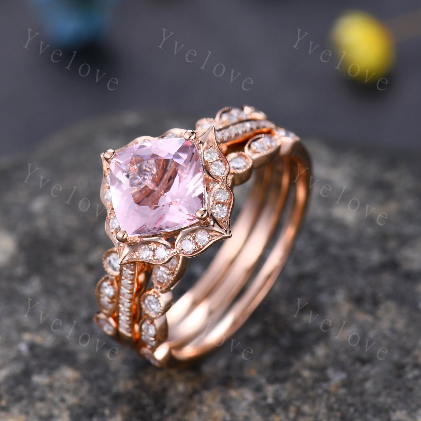 7mm Cushion Cut Morganite Engagement Ring Set,3 pcs Art Deco Morganite Wedding Ring,Diamond Stacking Bands,Bridal Ring Set,Anniversary Gift