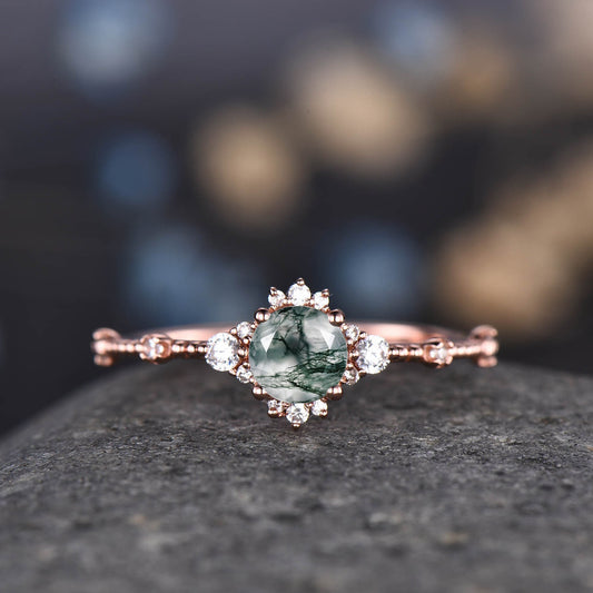 Dainty Moss Agate Engagement Ring  Rose Gold CZ Diamond Minimalist Women Wedding Ring Sterling Silver 14k Bridal Anniversary Gift For Her