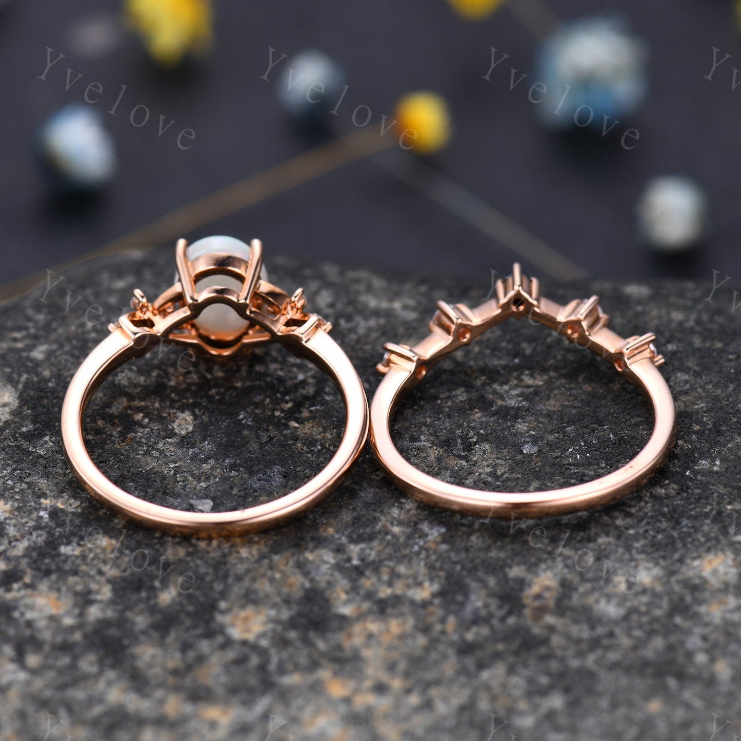 Natural Opal Engagement Ring Set,White Fire Opal,Oval Opal Bridal Set,Black Diamond Stacking Band,Cluster Women 14K Rose Gold Ring,Handmade