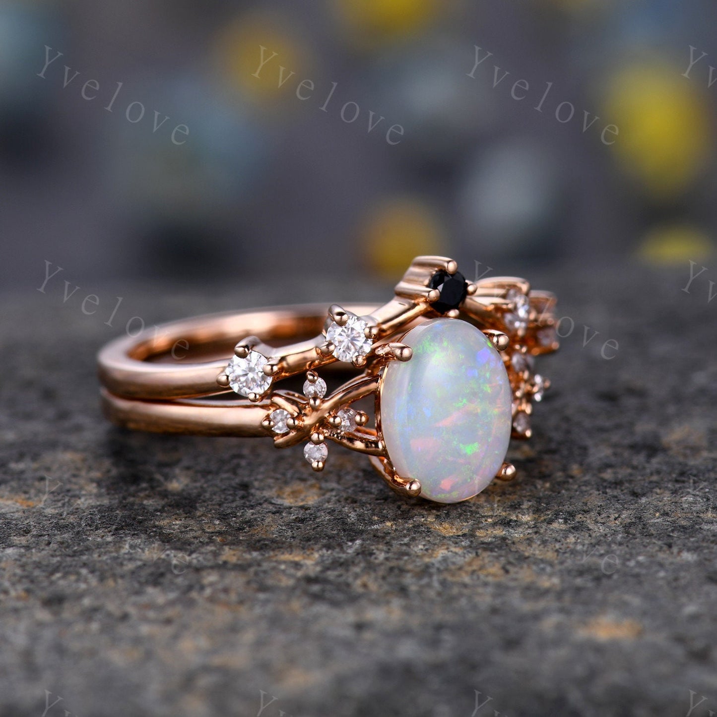 Natural Opal Engagement Ring Set,White Fire Opal,Oval Opal Bridal Set,Black Diamond Stacking Band,Cluster Women 14K Rose Gold Ring,Handmade