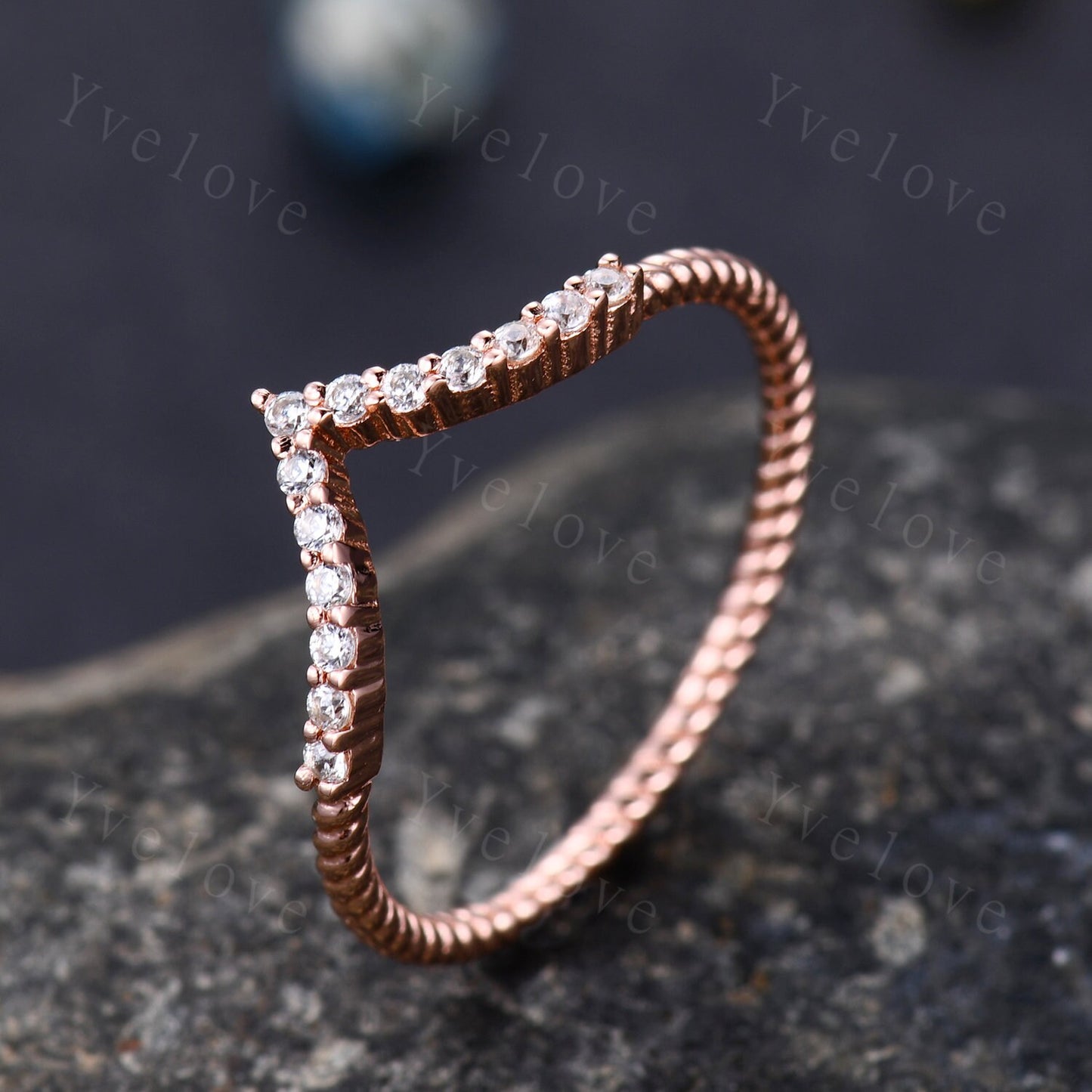 Petite Twist Half Eternity Ring,V Curved Stacking band,Twisted Vine Moissanite Wedding Band,Matching Band,14k Rose Gold Anniversary Ring