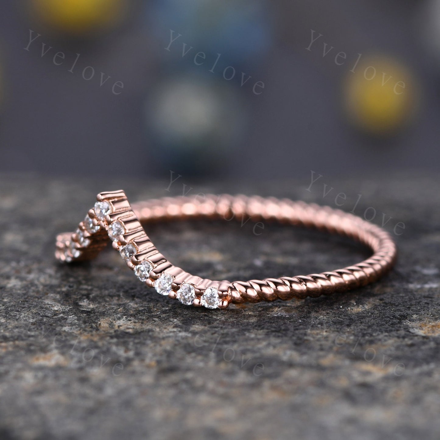Petite Twist Half Eternity Ring,V Curved Stacking band,Twisted Vine Moissanite Wedding Band,Matching Band,14k Rose Gold Anniversary Ring