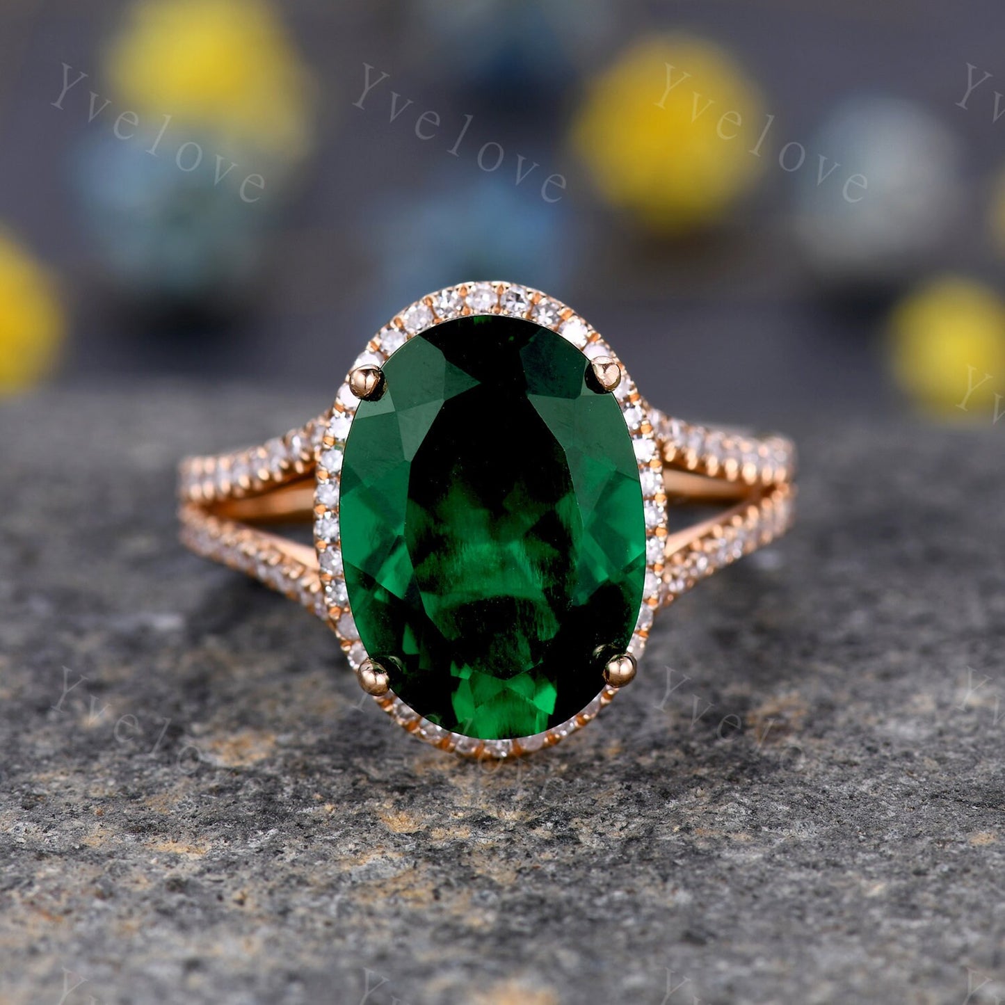 10x14mm Emerald Engagement Ring Diamond Wedding Band Oval Emerald Gemstone Women Bridal Ring Split Shank Statement Ring Anniversary Ring