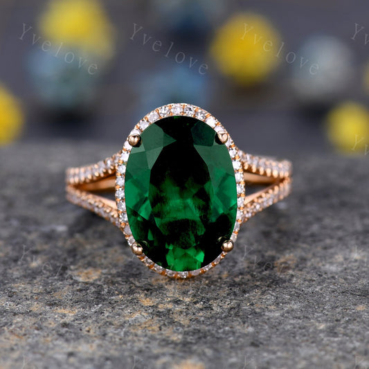 10x14mm Emerald Engagement Ring Diamond Wedding Band Oval Emerald Gemstone Women Bridal Ring Split Shank Statement Ring Anniversary Ring