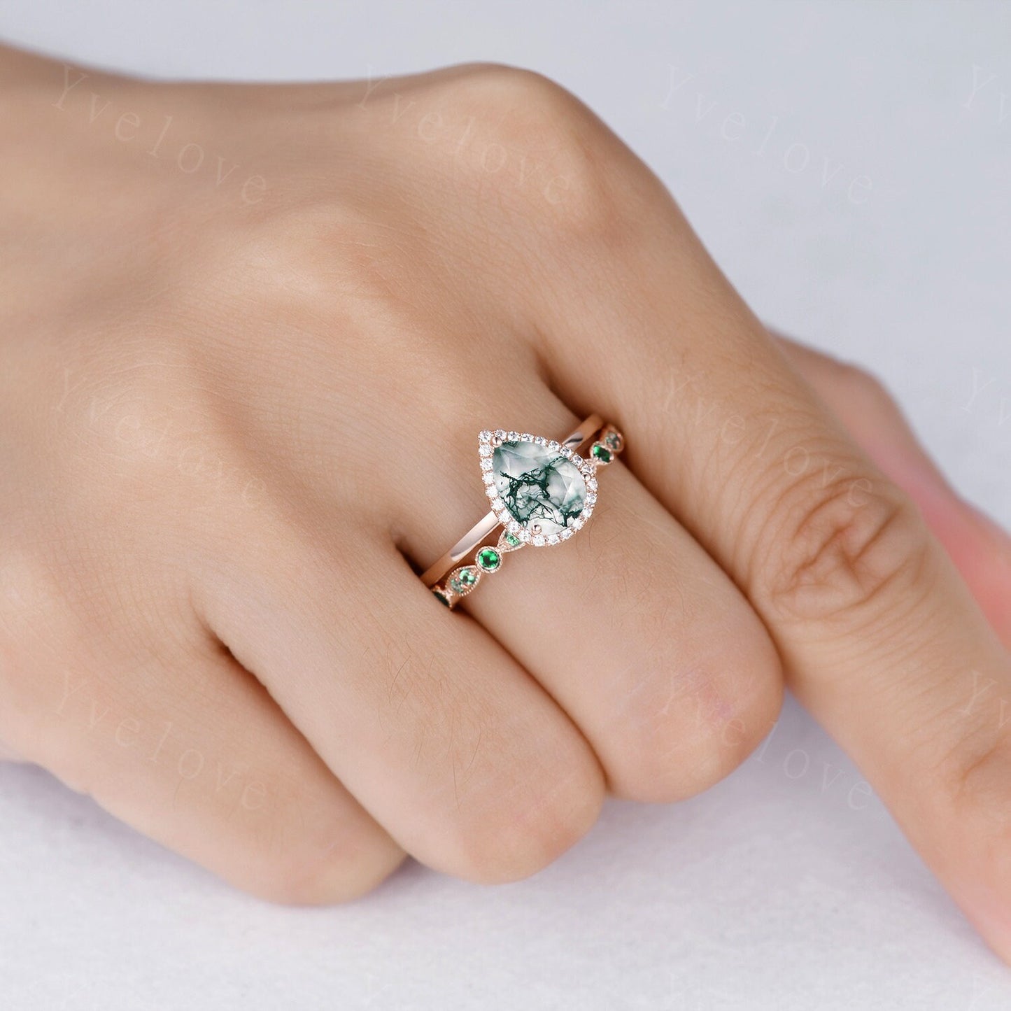 Unique Moss Agate Engagement Ring Set,Pear Cut Moss Agate Solitaire Ring,14k rose gold,Emerald Wedding band, Half Eternity matching band