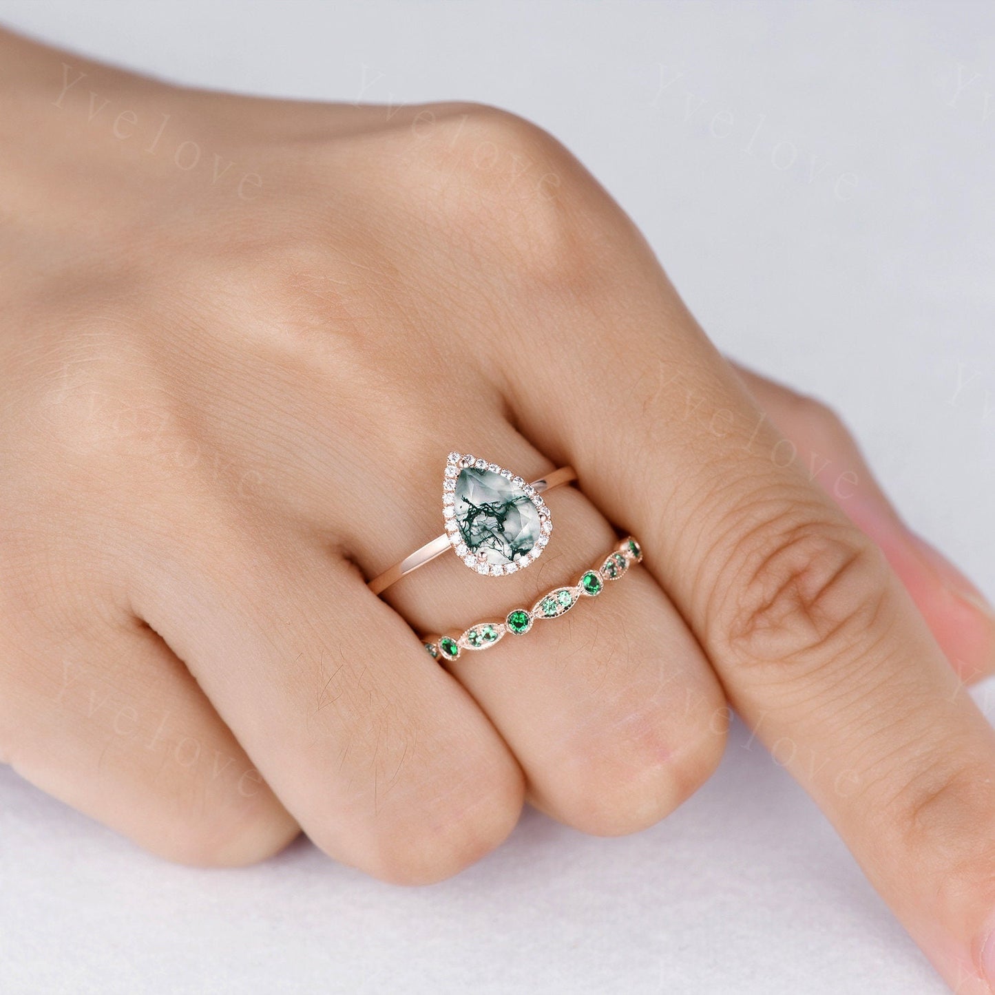 Unique Moss Agate Engagement Ring Set,Pear Cut Moss Agate Solitaire Ring,14k rose gold,Emerald Wedding band, Half Eternity matching band