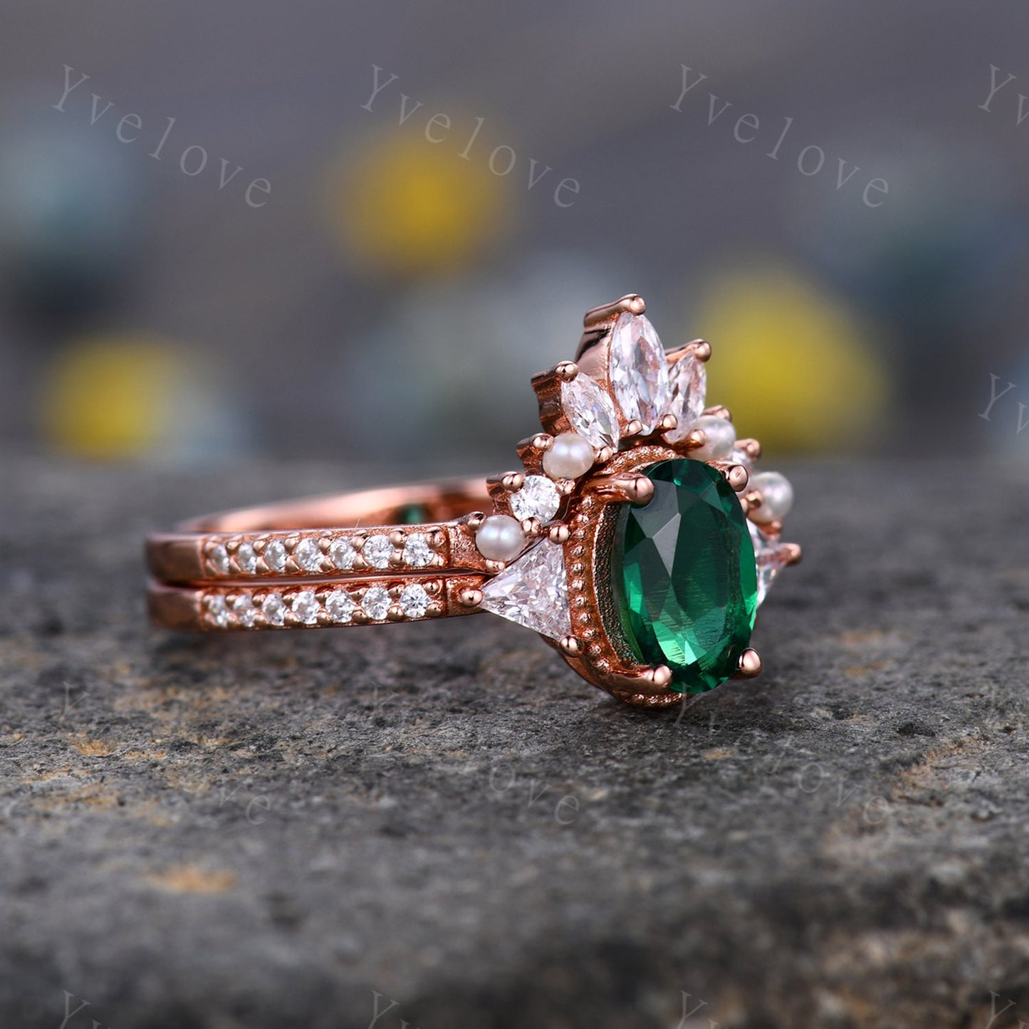 Vintage Oval Emerald Engagement Ring Set,Triangle Moissanite Ring,Rose Gold Marquise Women Wedding Band,Bridal Set,Promise ring Anniversary