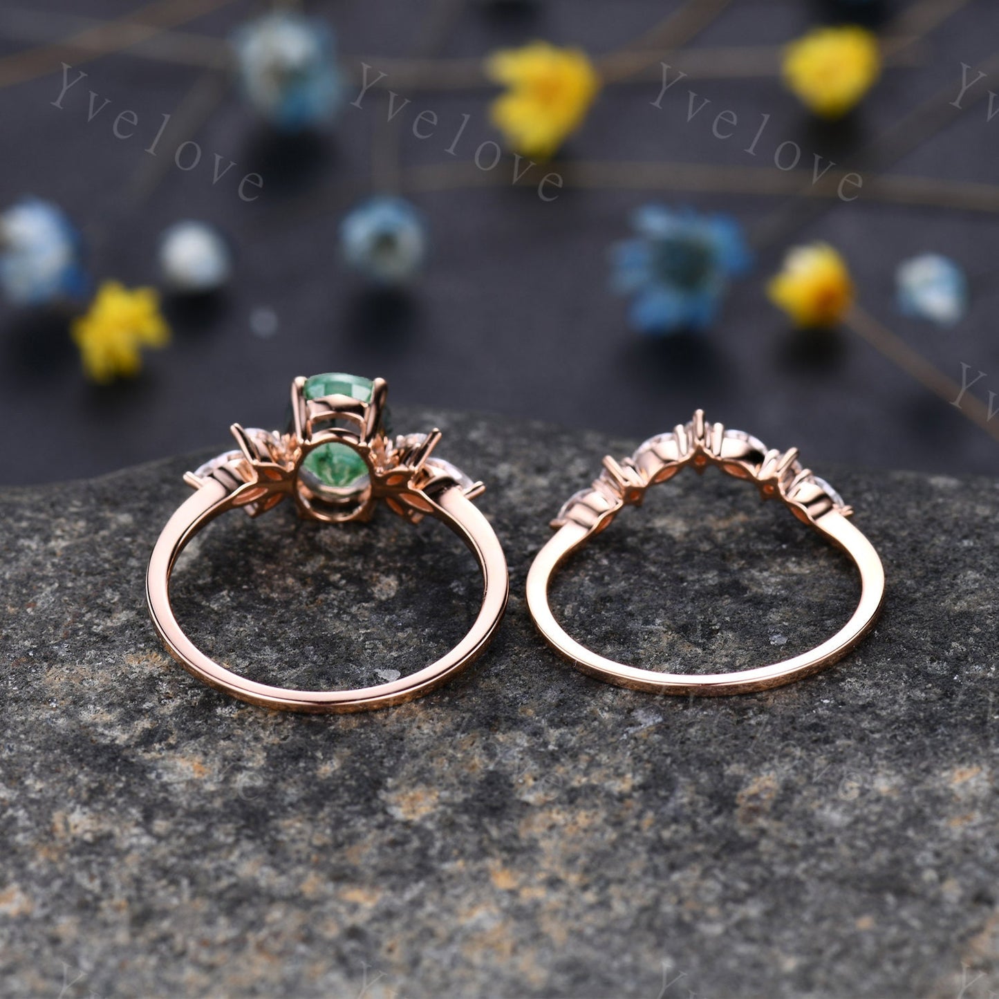 Moss Agate Engagement Ring,Women Stacking Matching Band Diamond/Moissanite Eternity Ring,14k Gold,Unique Vintage Floral Design Promise Gift