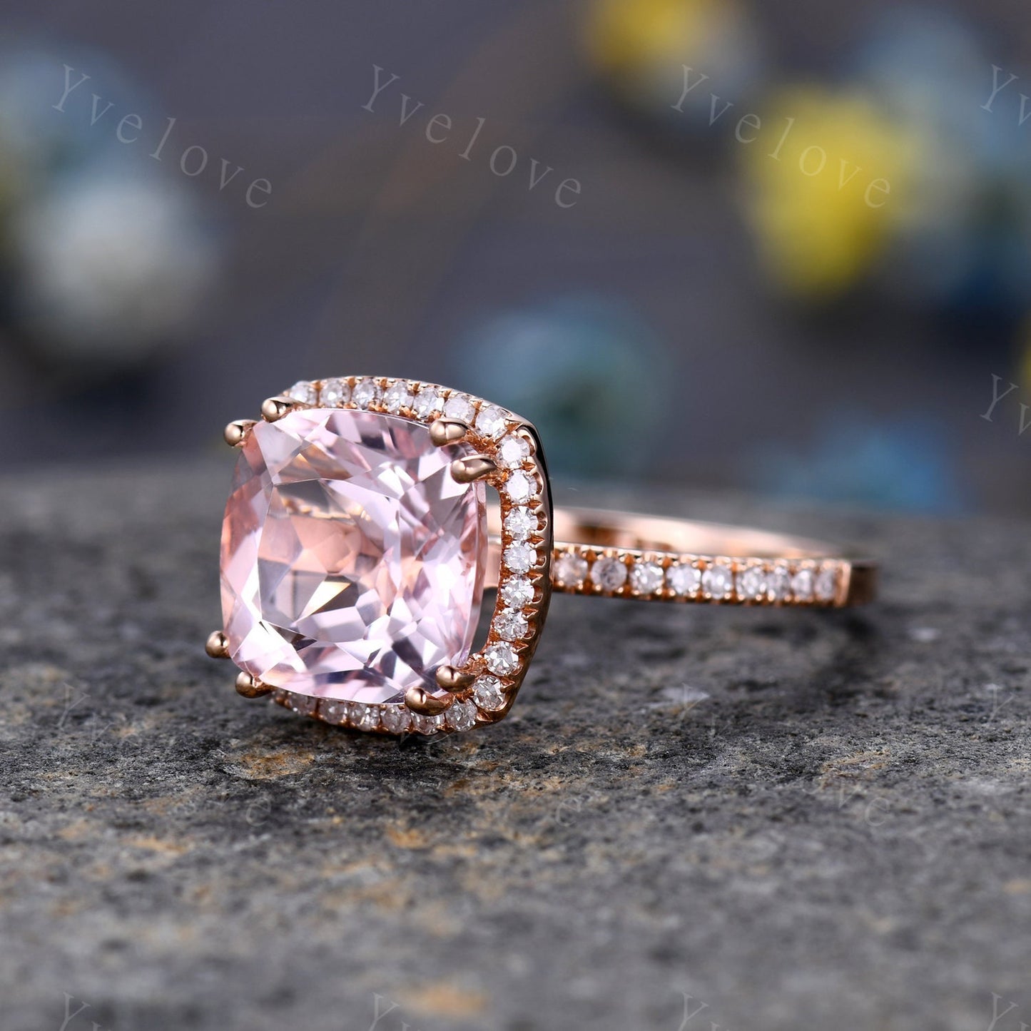 9mm Morganite engagement ring cushion morganite ring pink gemstone diamond wedding band petite band solid 14k rose gold wedding ring for her