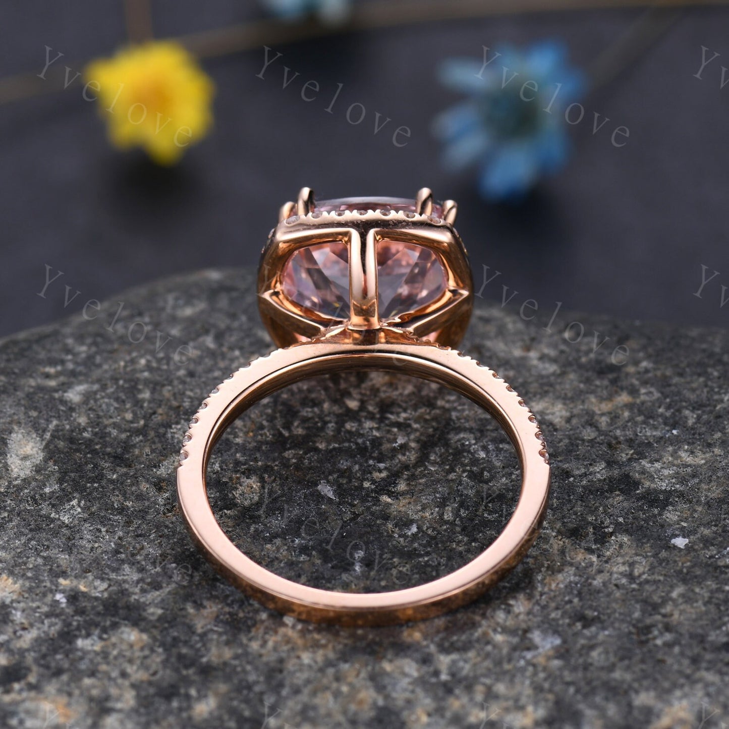 9mm Morganite engagement ring cushion morganite ring pink gemstone diamond wedding band petite band solid 14k rose gold wedding ring for her