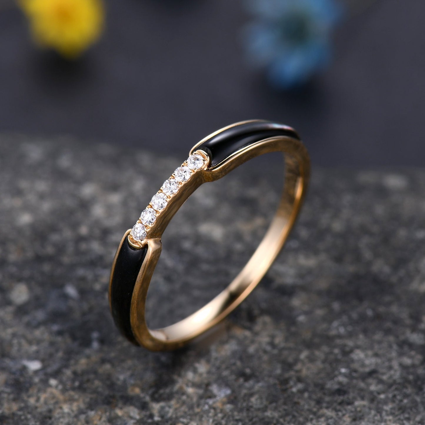 Black Onyx Moissanite Band, Half Eternity Band Ring,Stackable Ring, Engagement Band, Modern Band, Black Stone Ring, Women Ring,Gift For Her