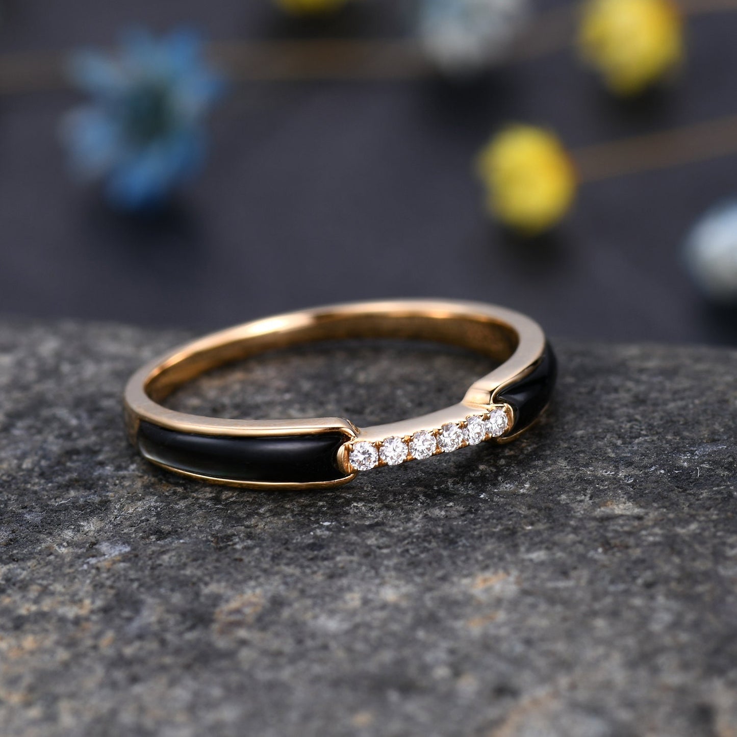 Black Onyx Moissanite Band, Half Eternity Band Ring,Stackable Ring, Engagement Band, Modern Band, Black Stone Ring, Women Ring,Gift For Her