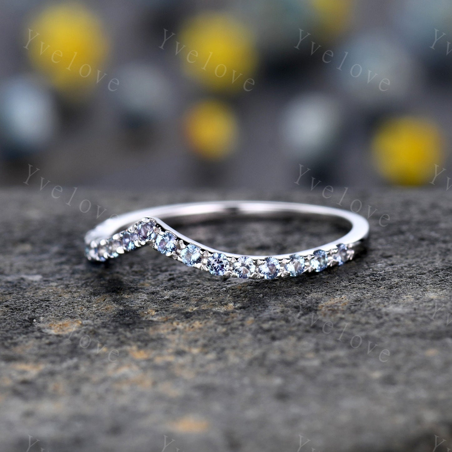 V Curve Alexandrite Wedding Ring Chevron Alexandrite Stackable Band Color Changing Stone 14K White Gold Matching Band for Women Gift for her