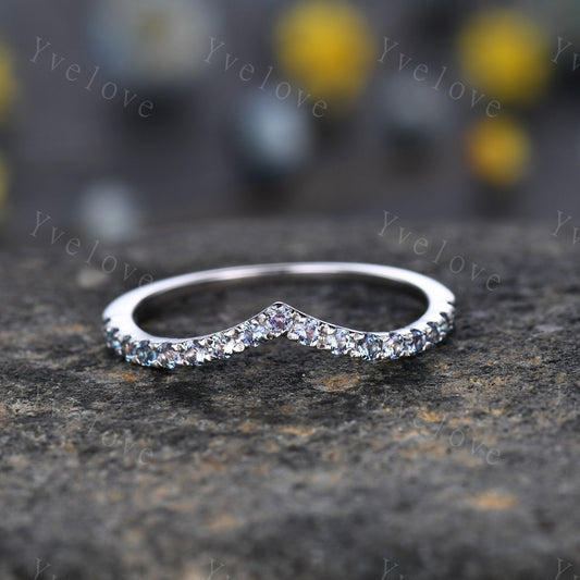 V Curve Alexandrite Wedding Ring Chevron Alexandrite Stackable Band Color Changing Stone 14K White Gold Matching Band for Women Gift for her