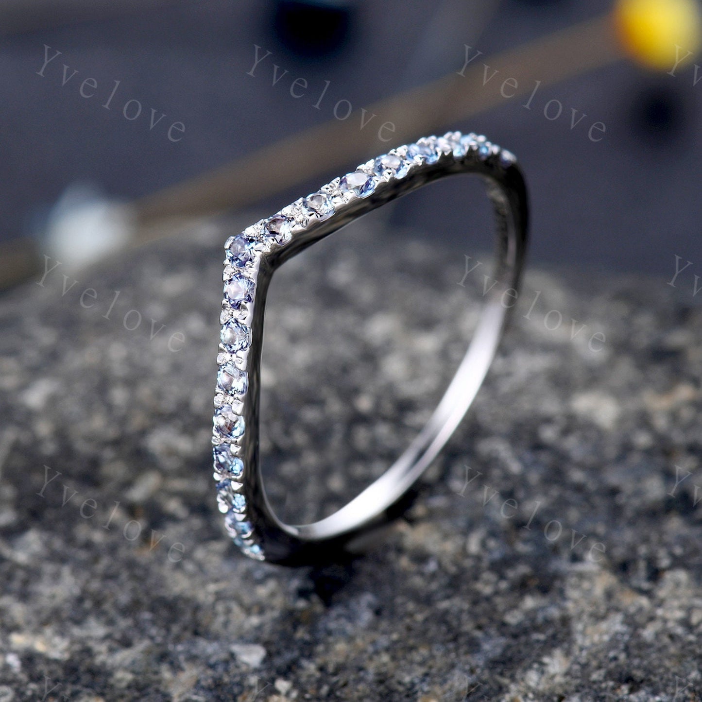 V Curve Alexandrite Wedding Ring Chevron Alexandrite Stackable Band Color Changing Stone 14K White Gold Matching Band for Women Gift for her