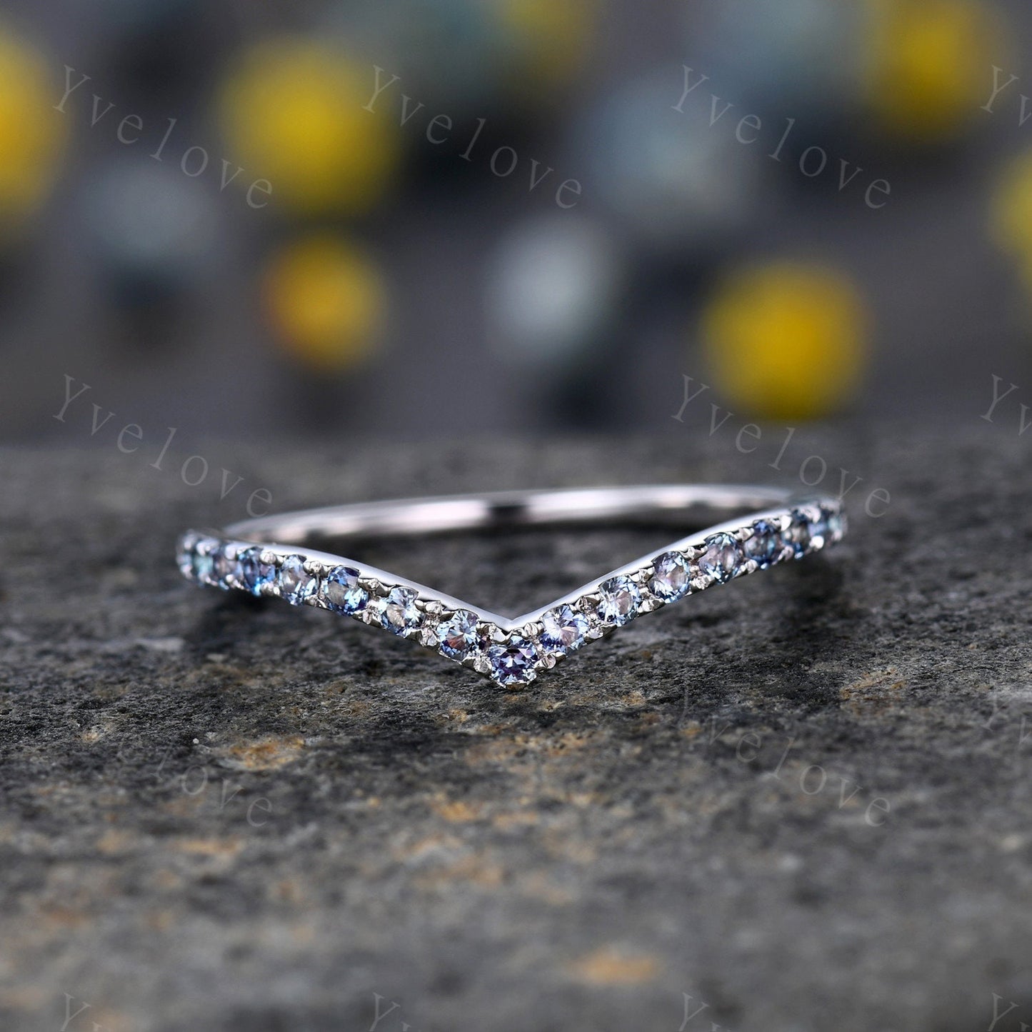 V Curve Alexandrite Wedding Ring Chevron Alexandrite Stackable Band Color Changing Stone 14K White Gold Matching Band for Women Gift for her